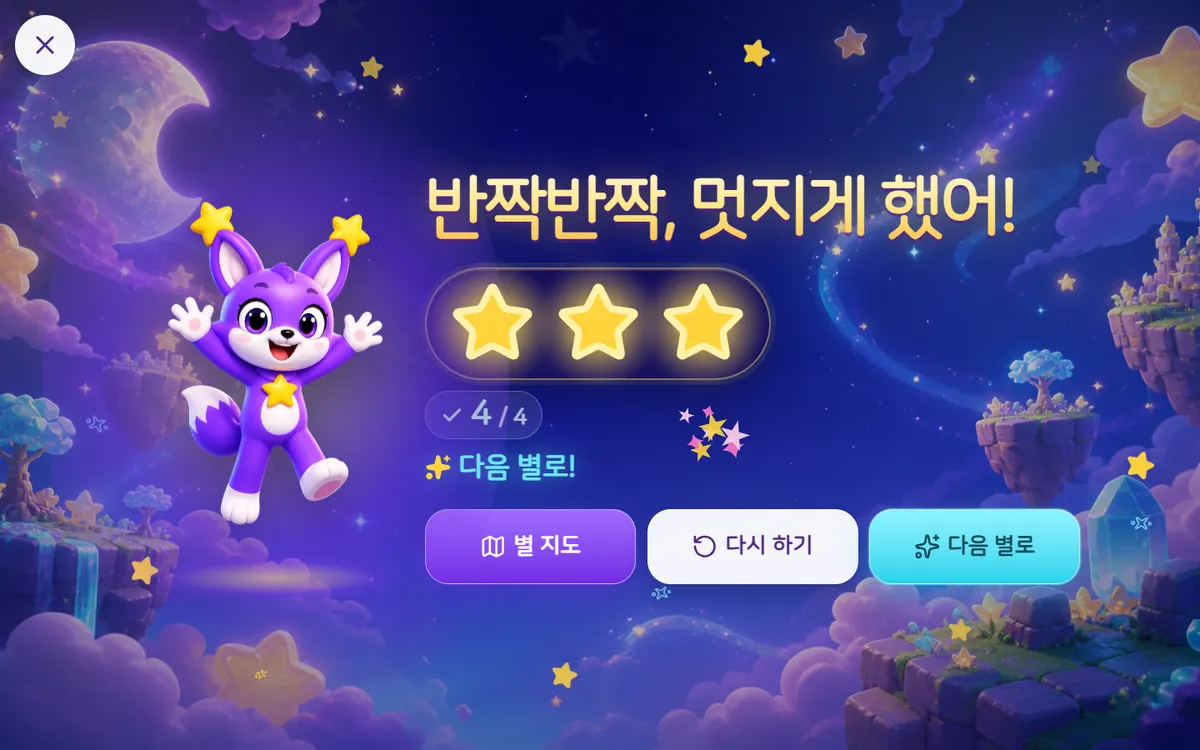 결과 화면 — 받은 별, 맞힌 수, 별 지도·다시 하기·다음 별로 버튼